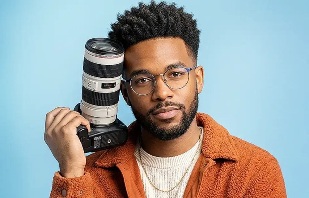 Man holding a professional camera against a blue backdrop